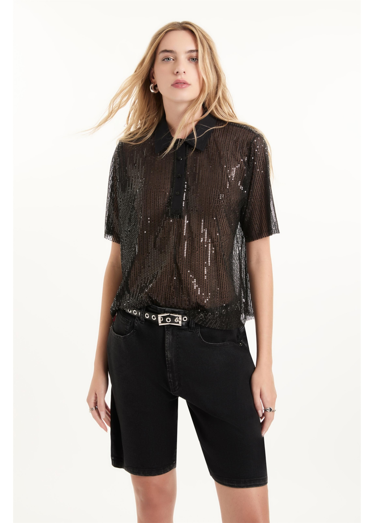 Blusa Tule Sequins Polo Preto