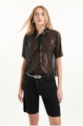Blusa Tule Sequins Polo Preto