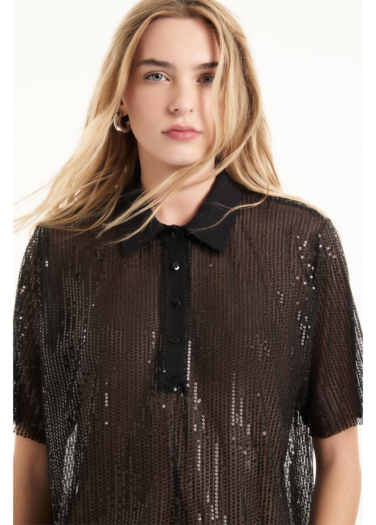 Blusa Tule Sequins Polo Preto