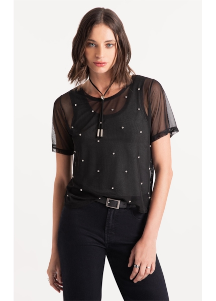 Blusa Tule Shine Strass Preto