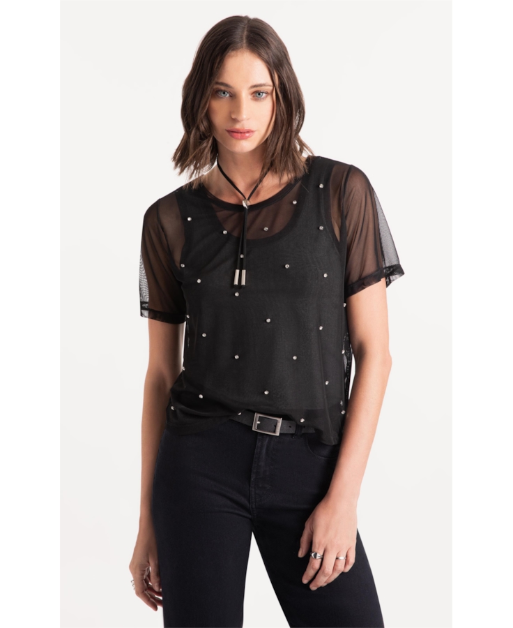 Blusa Tule Shine Strass Preto