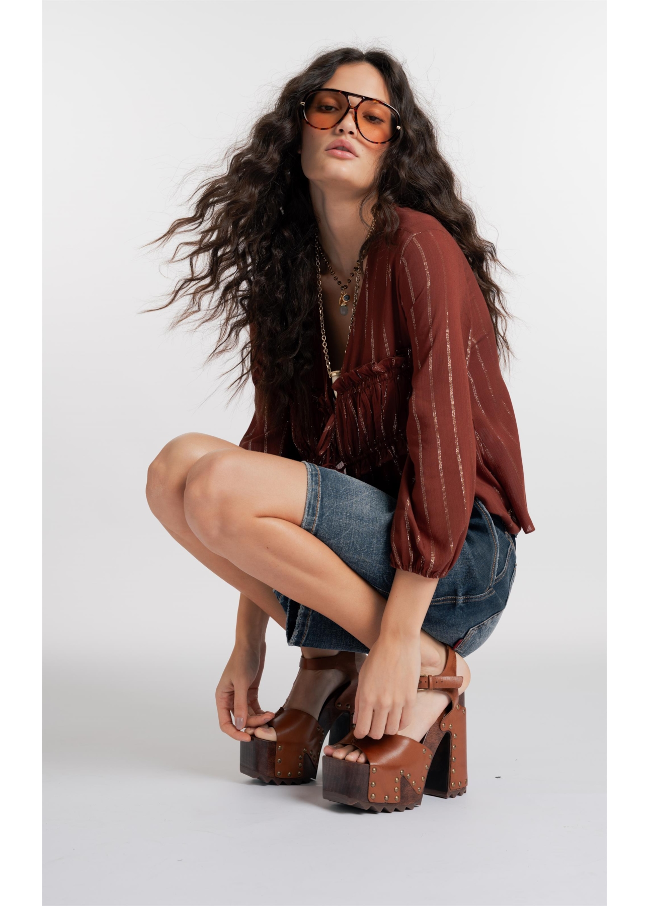 Blusa Visco Lurex Elastic Cuff Marrom