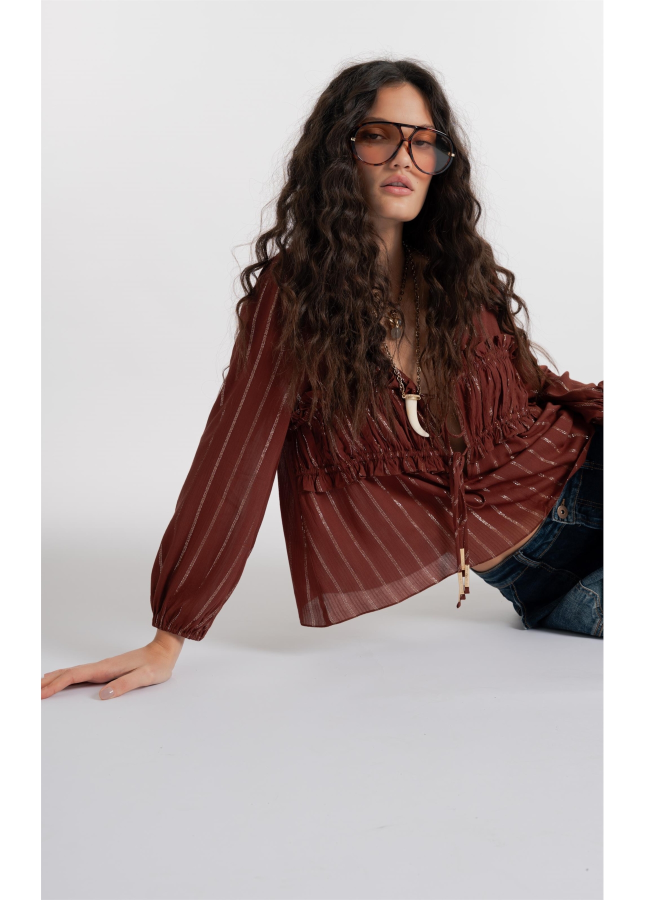 Blusa Visco Lurex Elastic Cuff Marrom