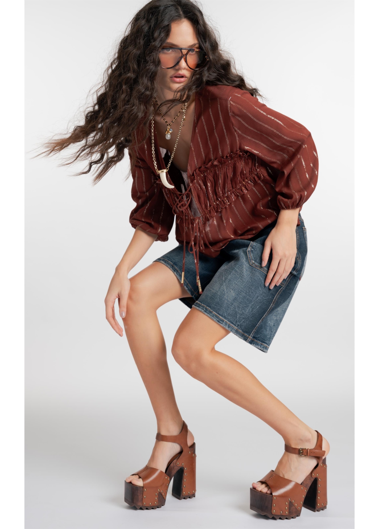 Blusa Visco Lurex Elastic Cuff Marrom
