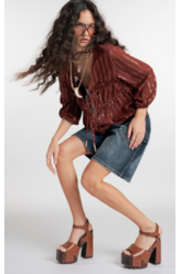 Blusa Visco Lurex Elastic Cuff Marrom