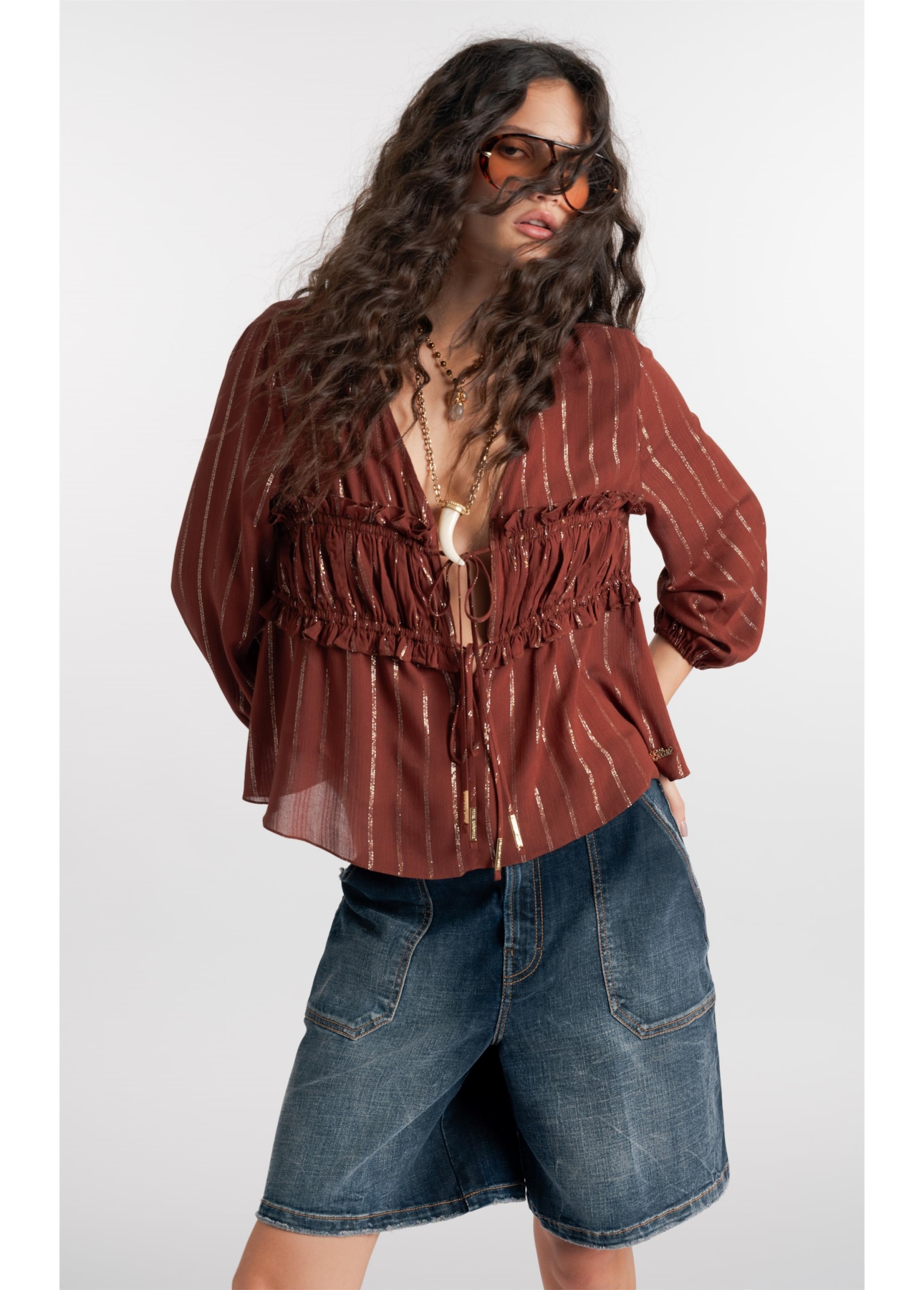 Blusa Visco Lurex Elastic Cuff Marrom