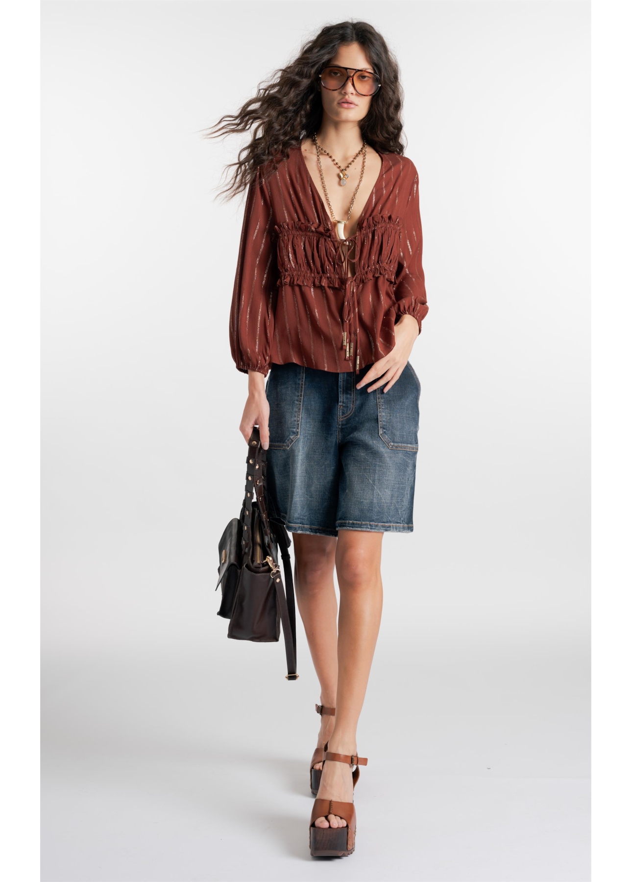 Blusa Visco Lurex Elastic Cuff Marrom