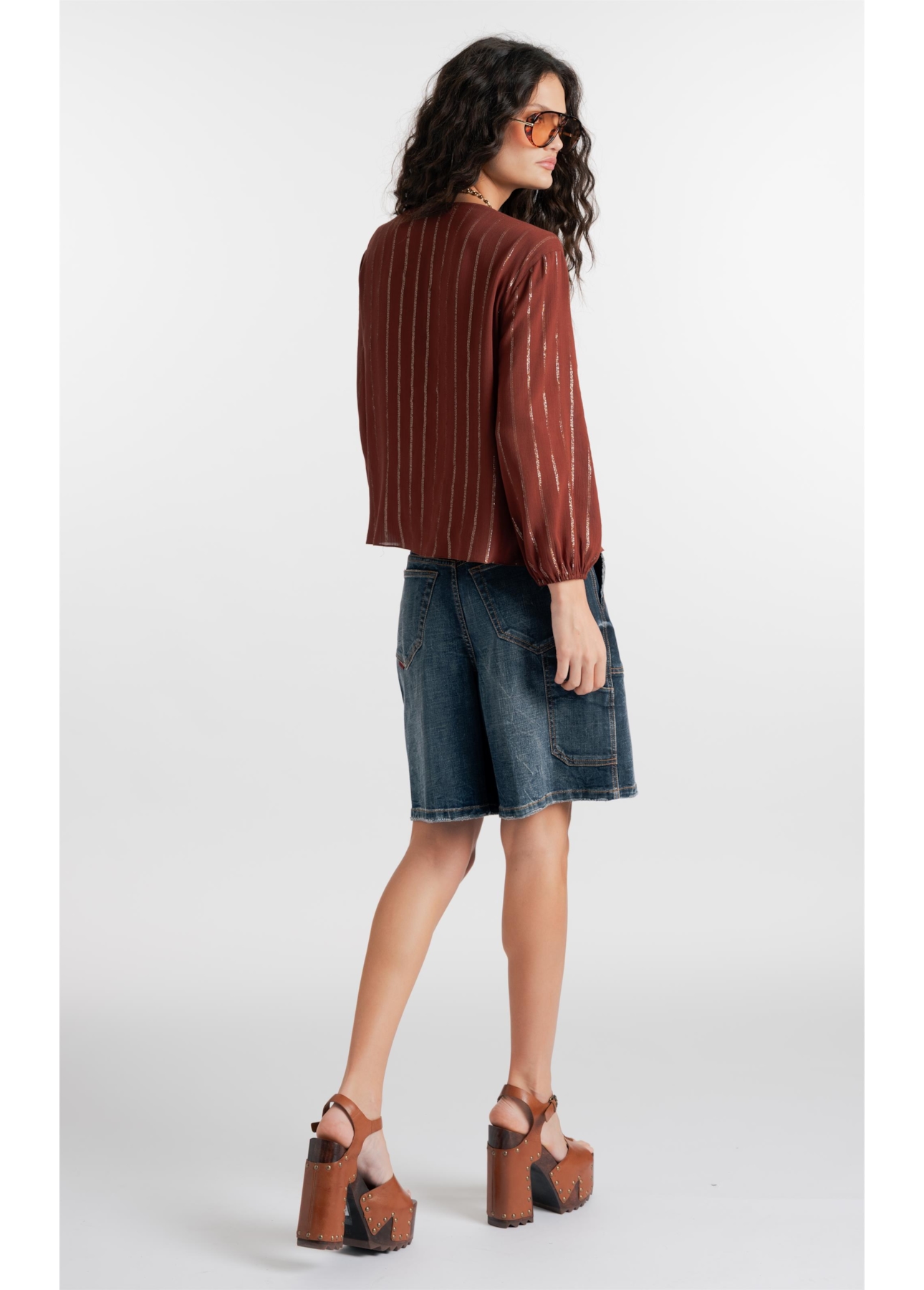 Blusa Visco Lurex Elastic Cuff Marrom