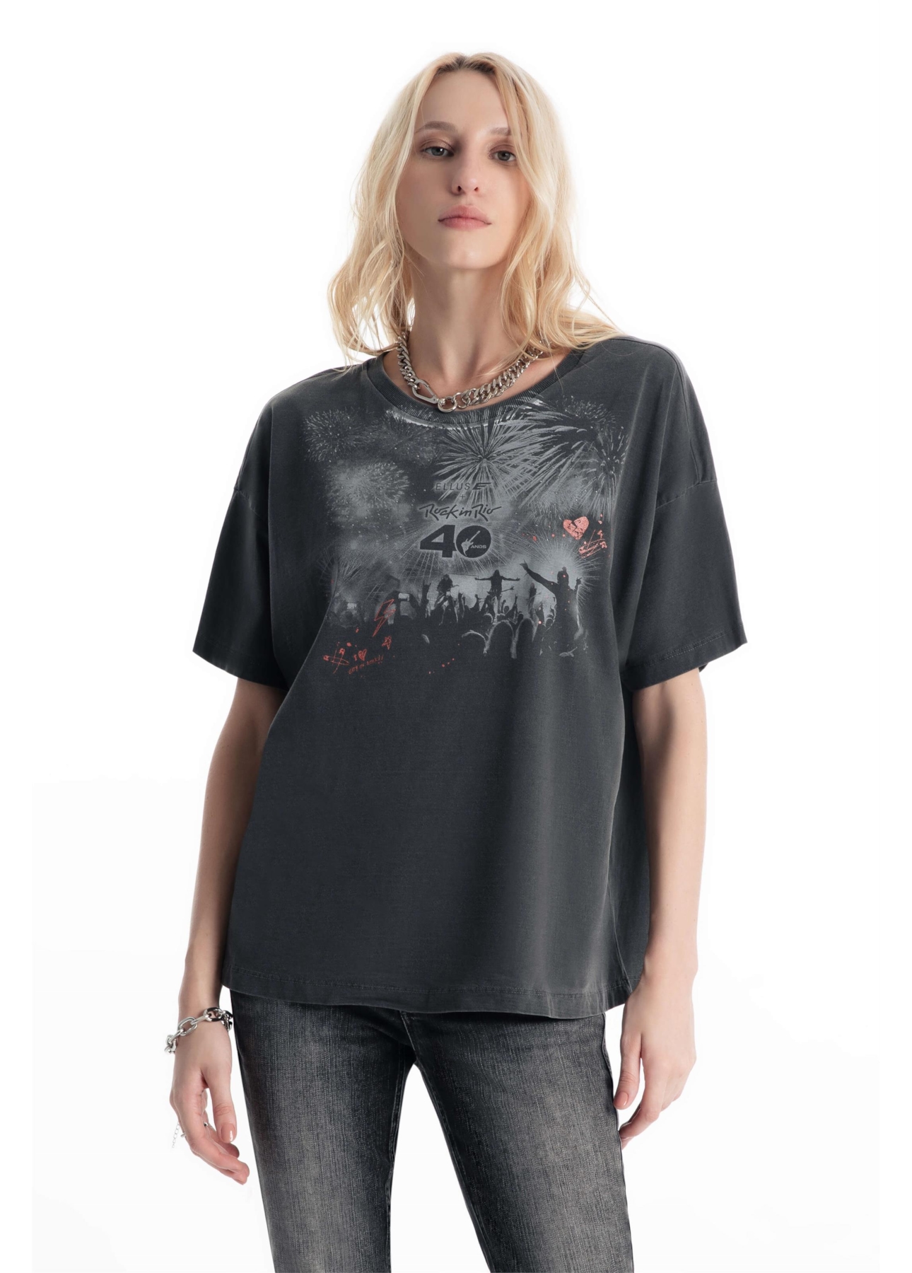 Blusa Washed City Rock Oversized Preto