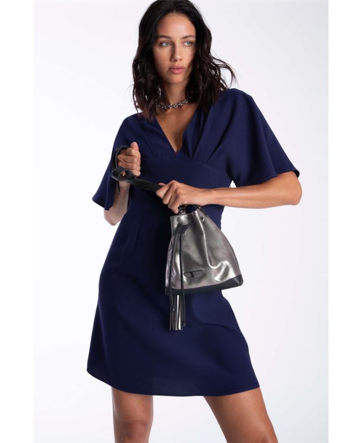 Bolsa Bucket Bag Faux Ellus Silver Gray