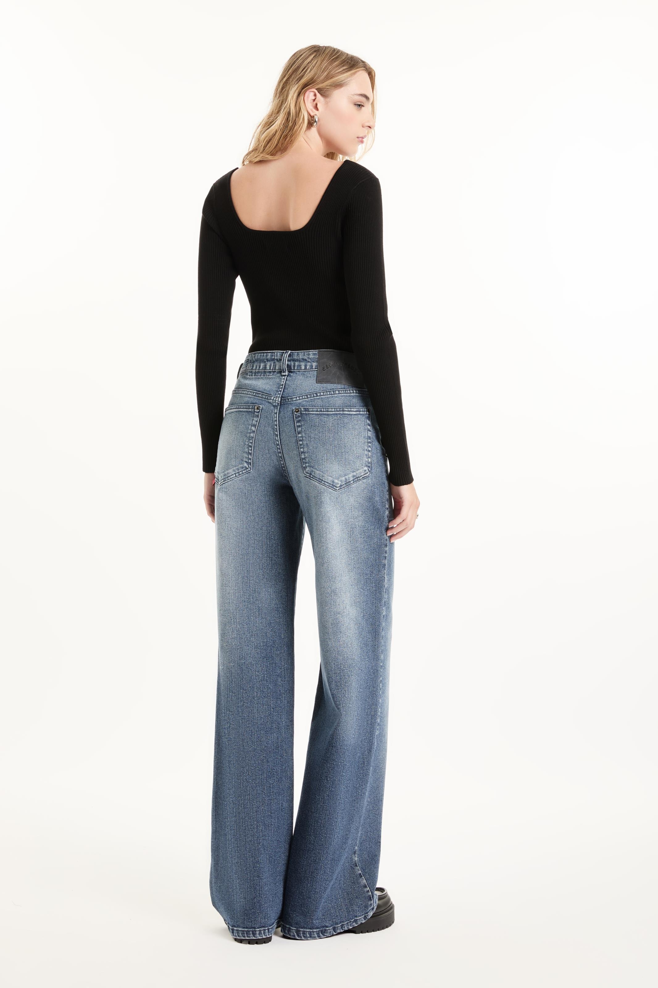 めい2 Calça Denim Wide Leg Lav.Medio