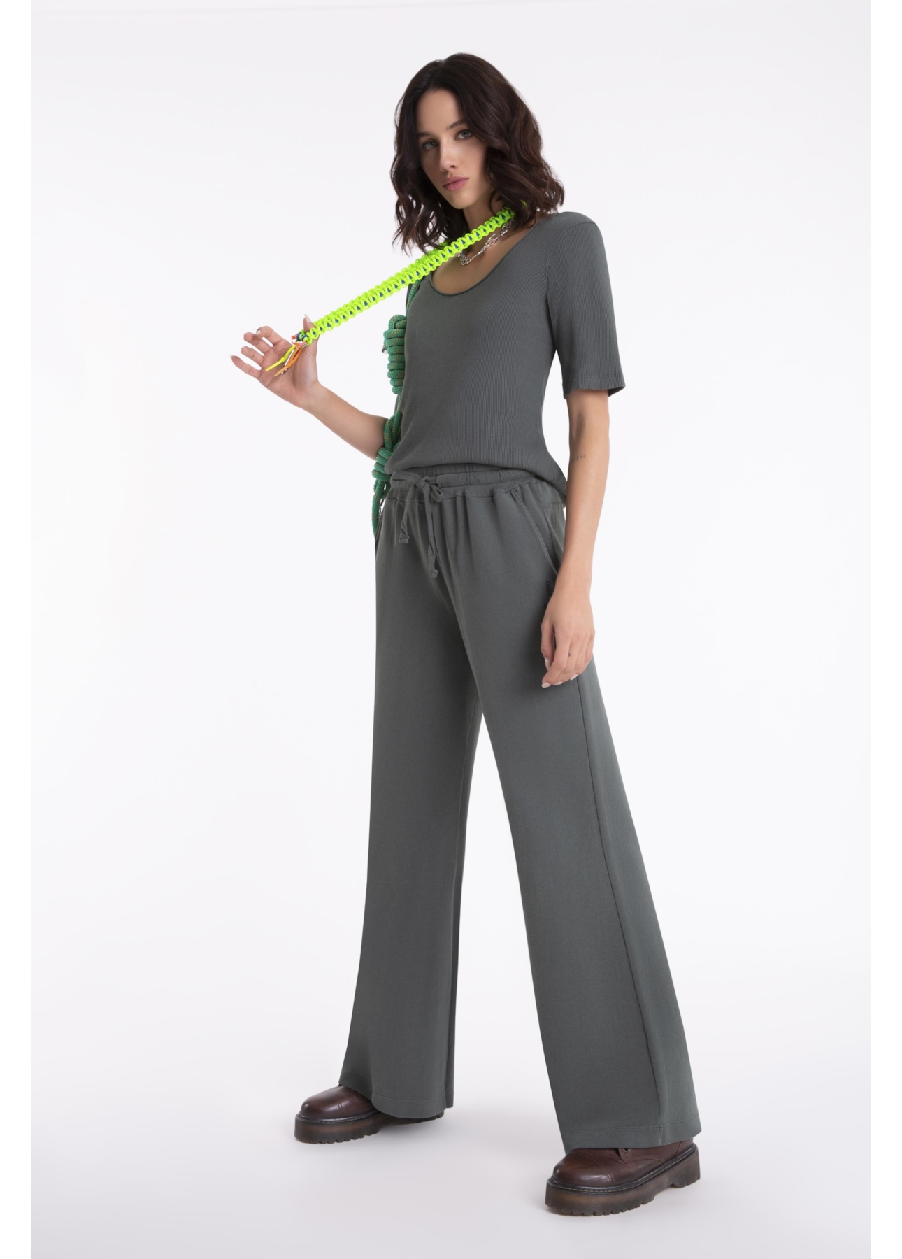 Calça Ellus Field Army Wide Leg Verde Militar