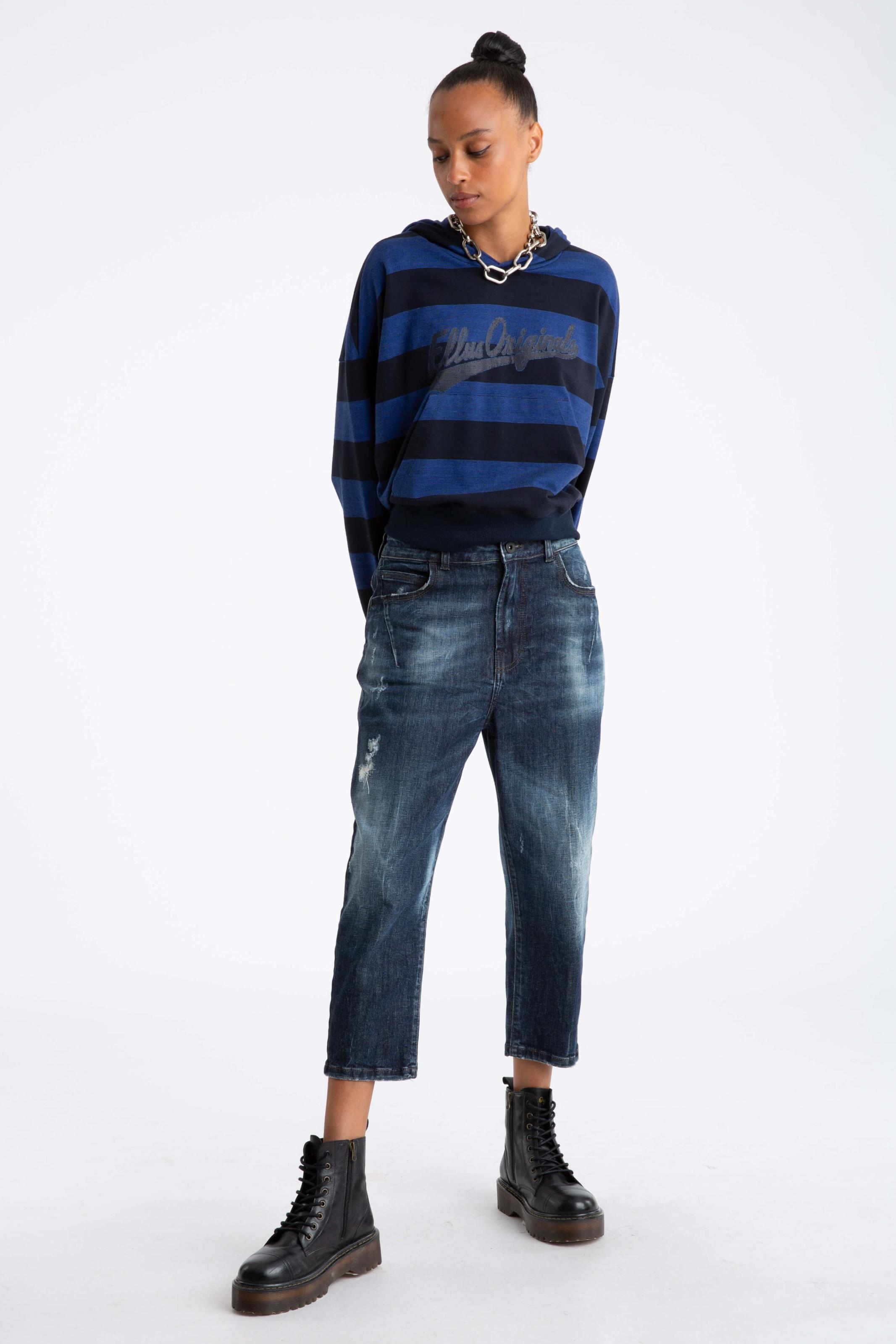 Calça Jeans Deep Blue Elastic Sporty Cropped 1688- Lav.Esc. C/Cerzidos