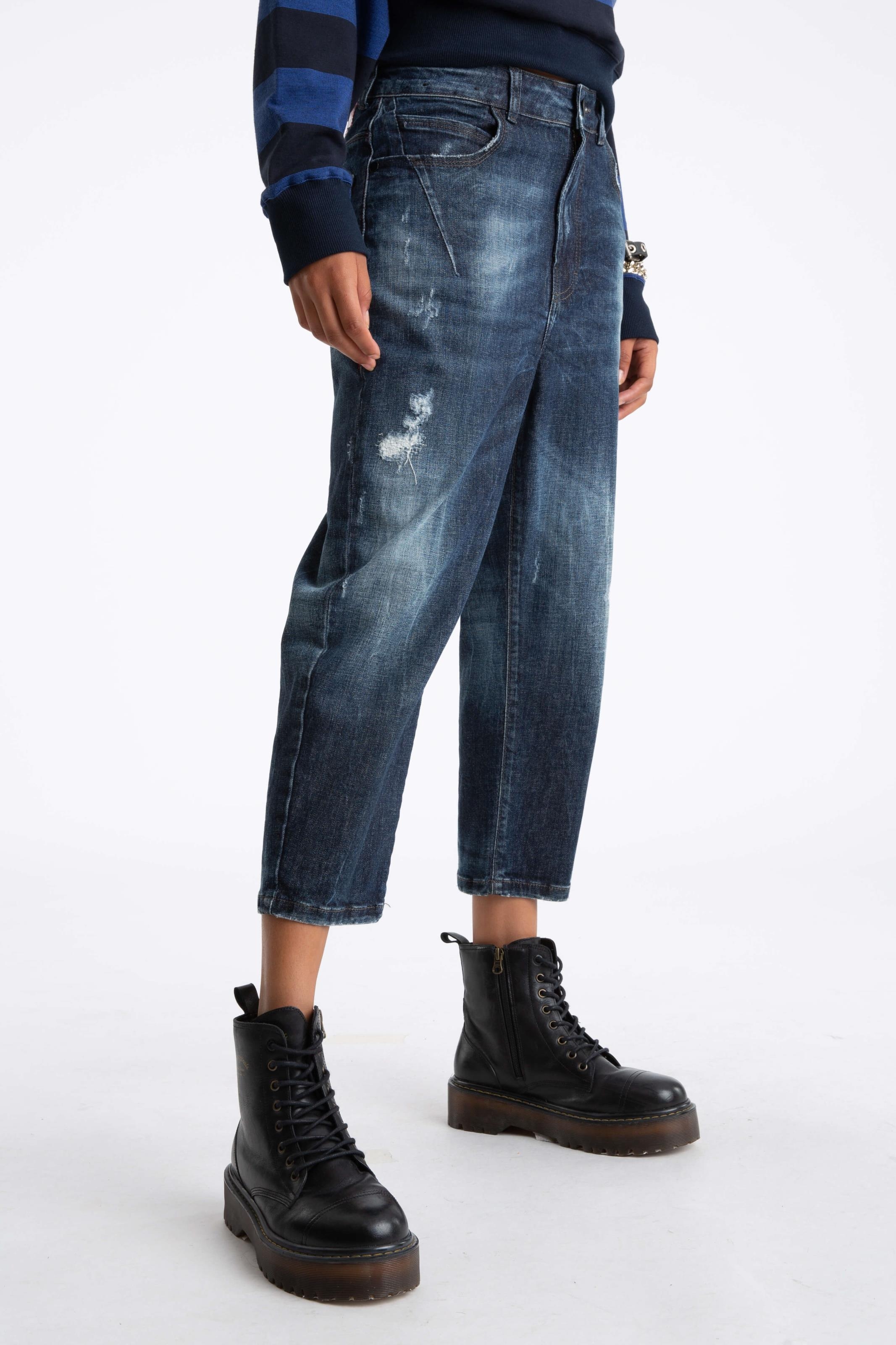 Calça Jeans Deep Blue Elastic Sporty Cropped 1688- Lav.Esc. C/Cerzidos