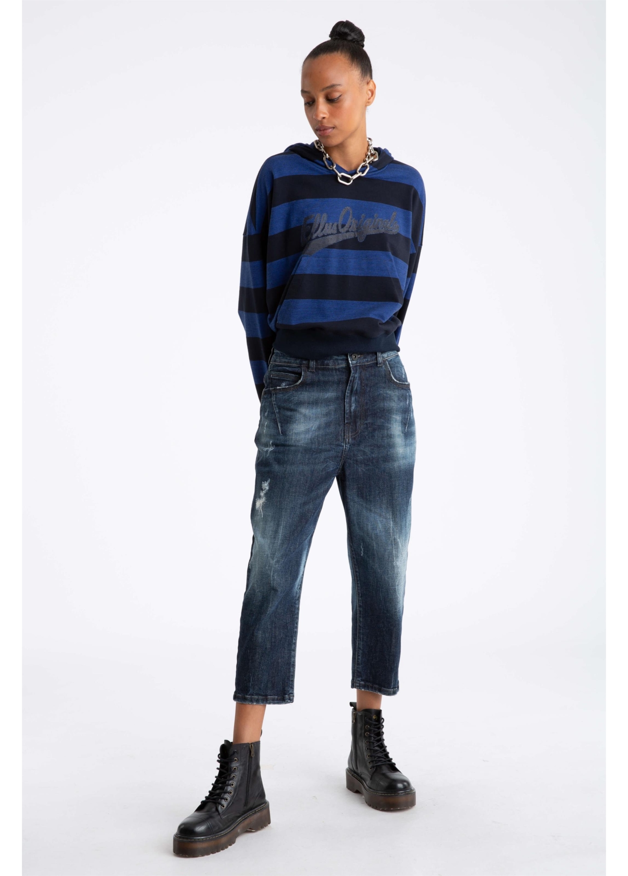 Calça Jeans Deep Blue Elastic Sporty Cropped 1688- Lav.Esc. C/Cerzidos