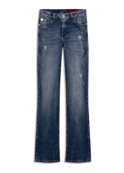Calça Jeans Stretch Bootcut Claro Com Tie Dye e Puído
