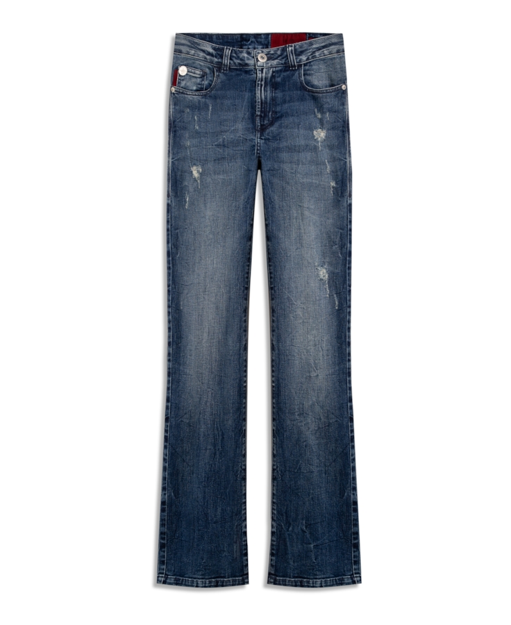 Calça Jeans Stretch Bootcut Claro Com Tie Dye e Puído