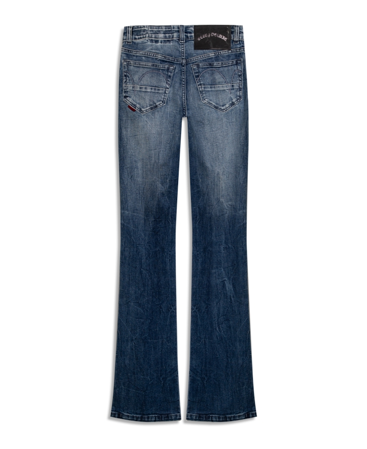 Calça Jeans Stretch Bootcut Claro Com Tie Dye e Puído