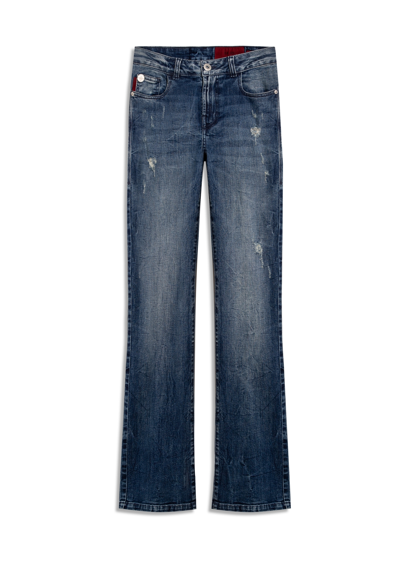 Calça Jeans Stretch Bootcut Claro Com Tie Dye e Puído