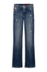 Calça Jeans Stretch Bootcut Claro Com Tie Dye e Puído