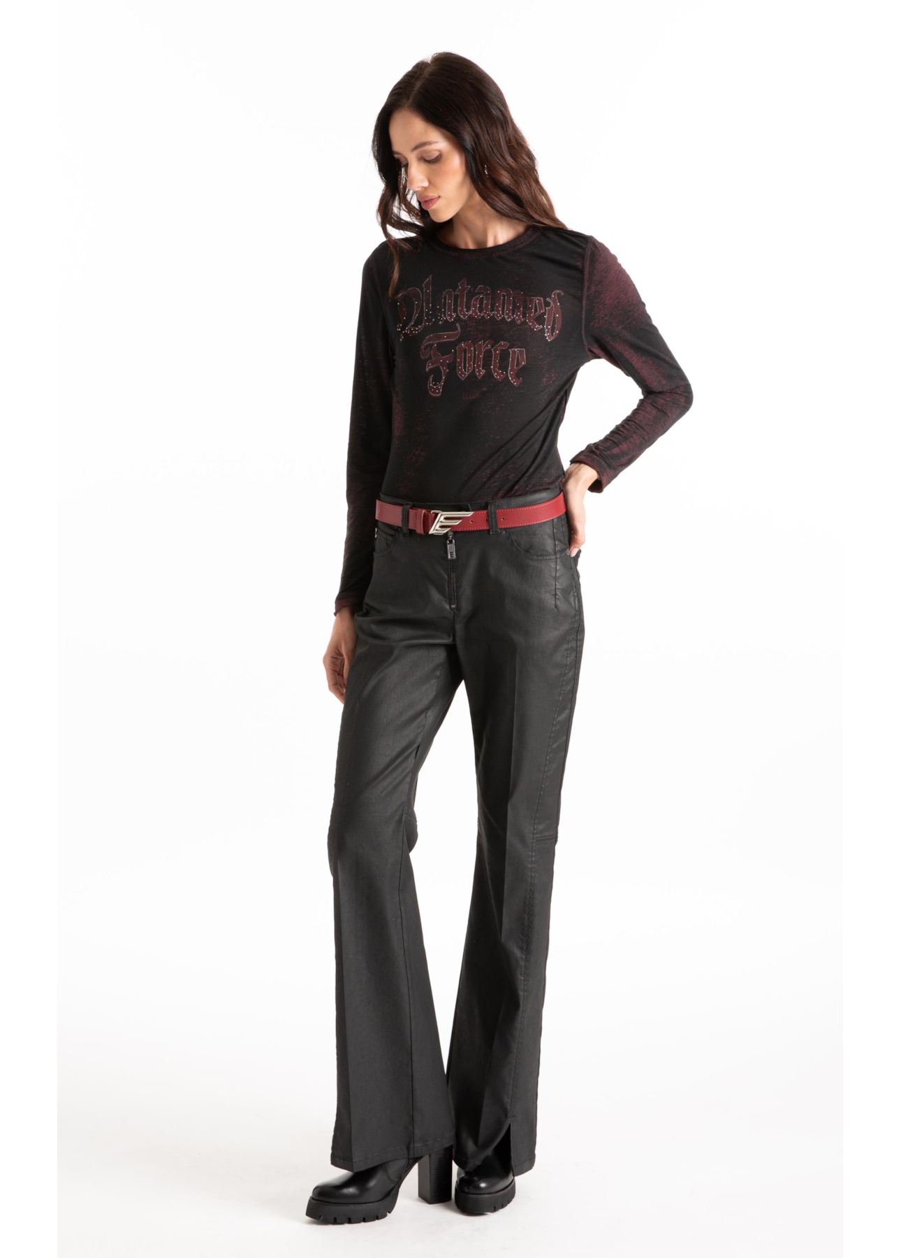Calça Leather Color Skinny Flare Preto