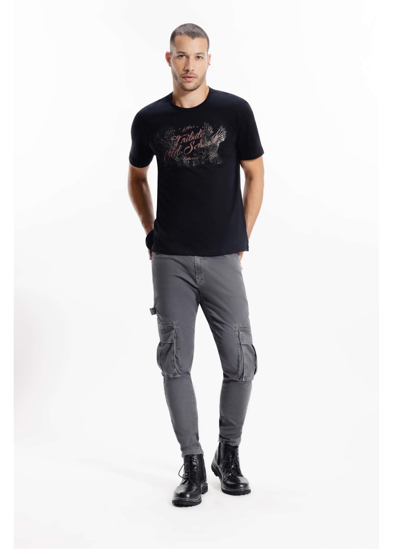 Calça Sarja Diagonal Rock Cargo Cinza