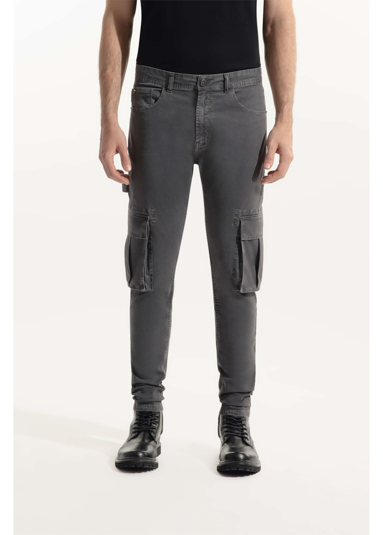 Calça Sarja Diagonal Rock Cargo Cinza
