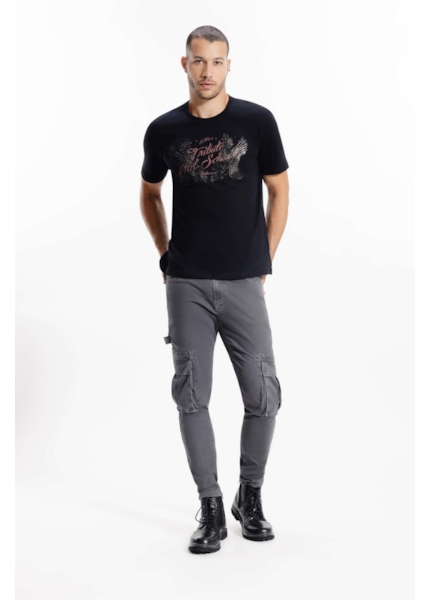 Calça Sarja Diagonal Rock Cargo Cinza