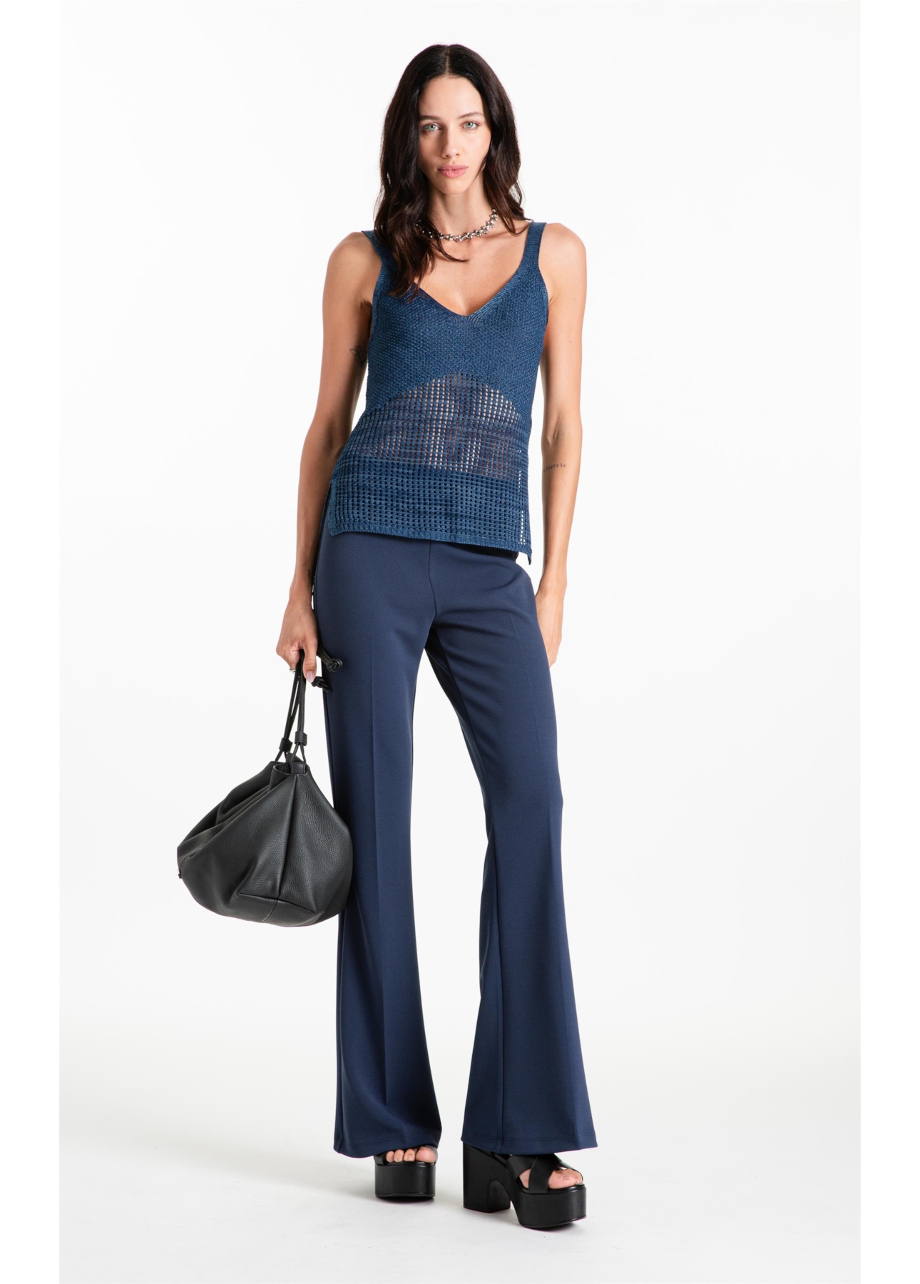 Calça Scuba Crepe Long Flare Marinho