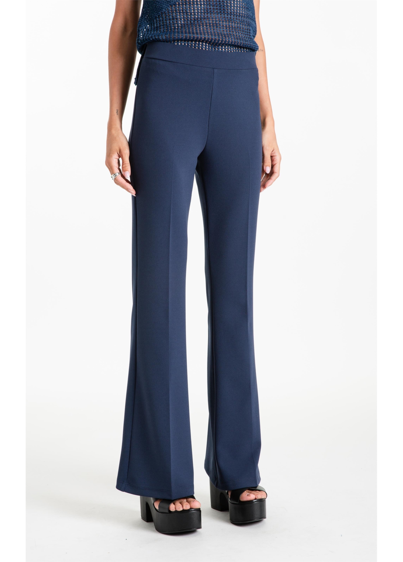 Calça Scuba Crepe Long Flare Marinho