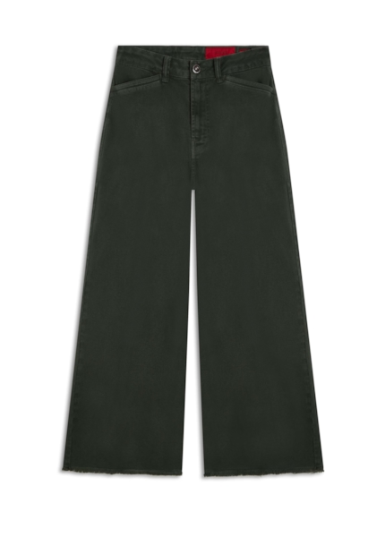 Calça Vintade Demim Color Wide Leg Cropped Verde Militar