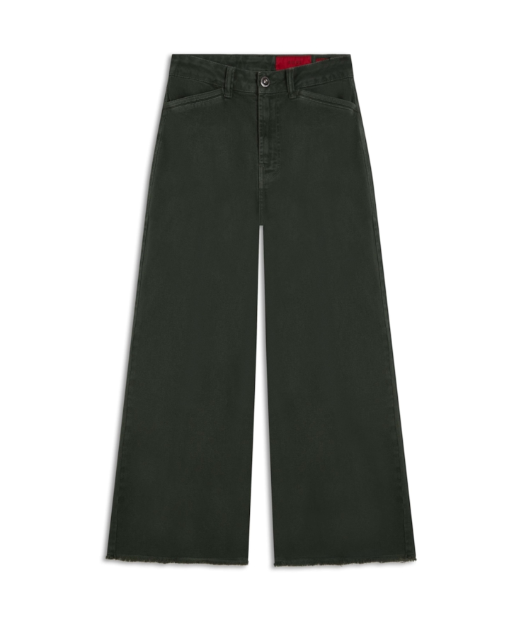 Calça Vintade Demim Color Wide Leg Cropped Verde Militar
