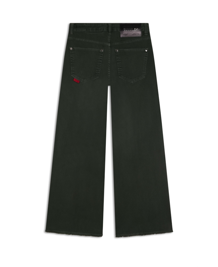 Calça Vintade Demim Color Wide Leg Cropped Verde Militar