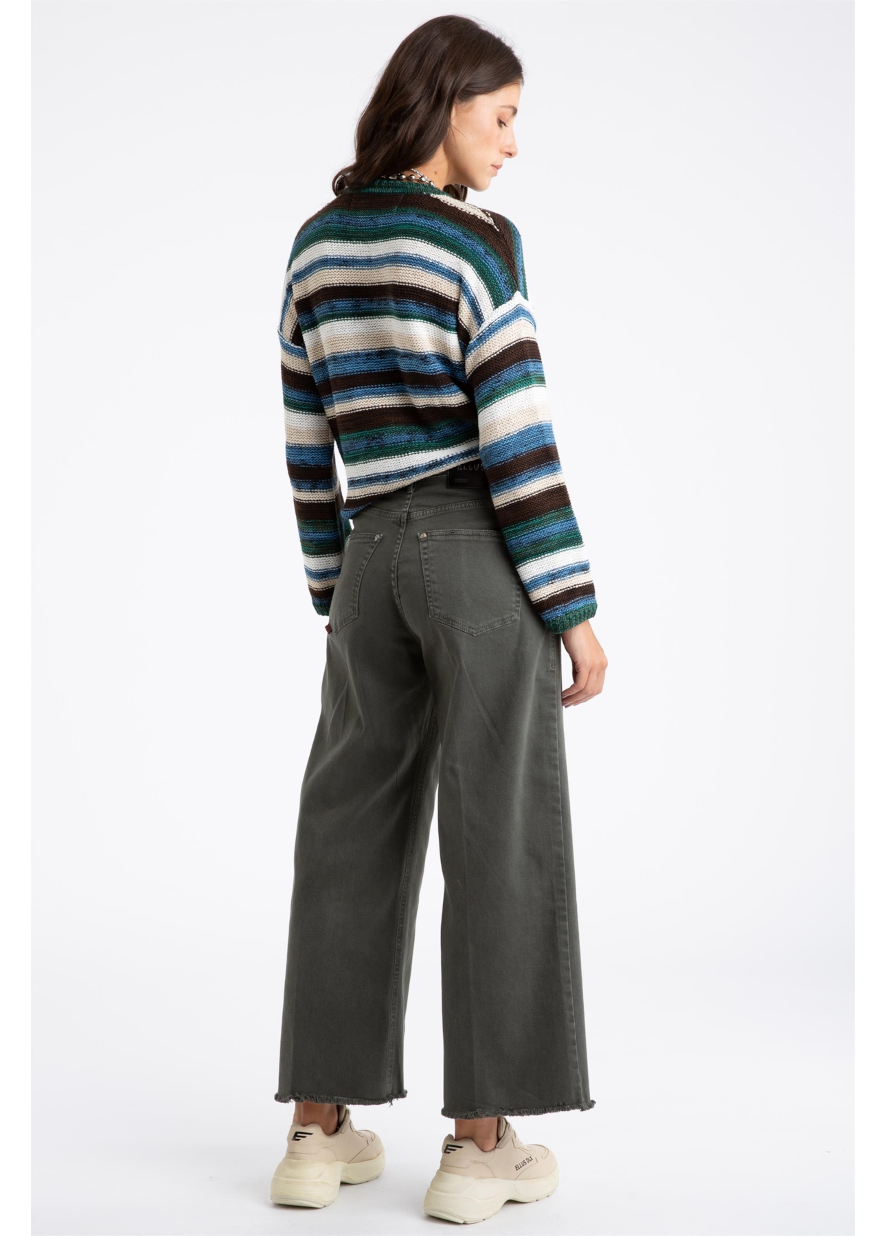 Calça Vintade Demim Color Wide Leg Cropped Verde Oliva