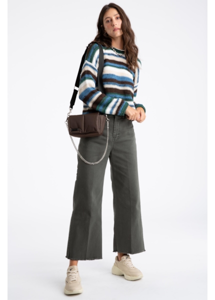 Calça Vintade Demim Color Wide Leg Cropped Verde Oliva