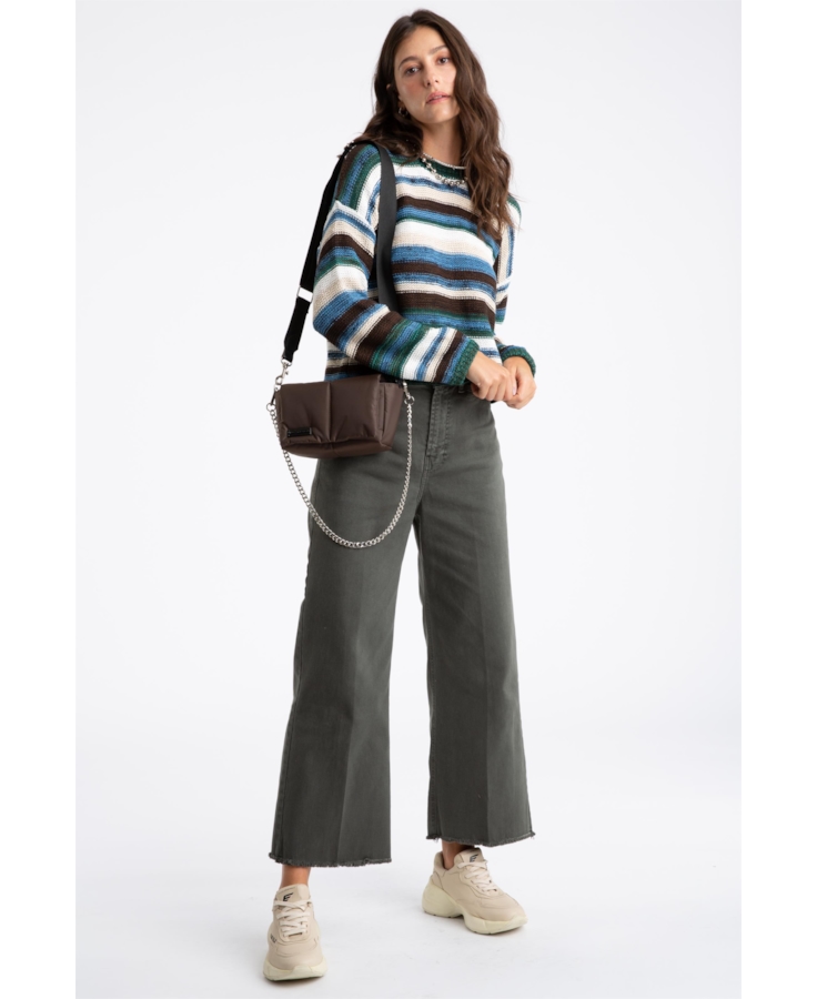 Calça Vintade Demim Color Wide Leg Cropped Verde Oliva