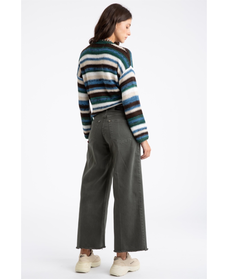 Calça Vintade Demim Color Wide Leg Cropped Verde Oliva