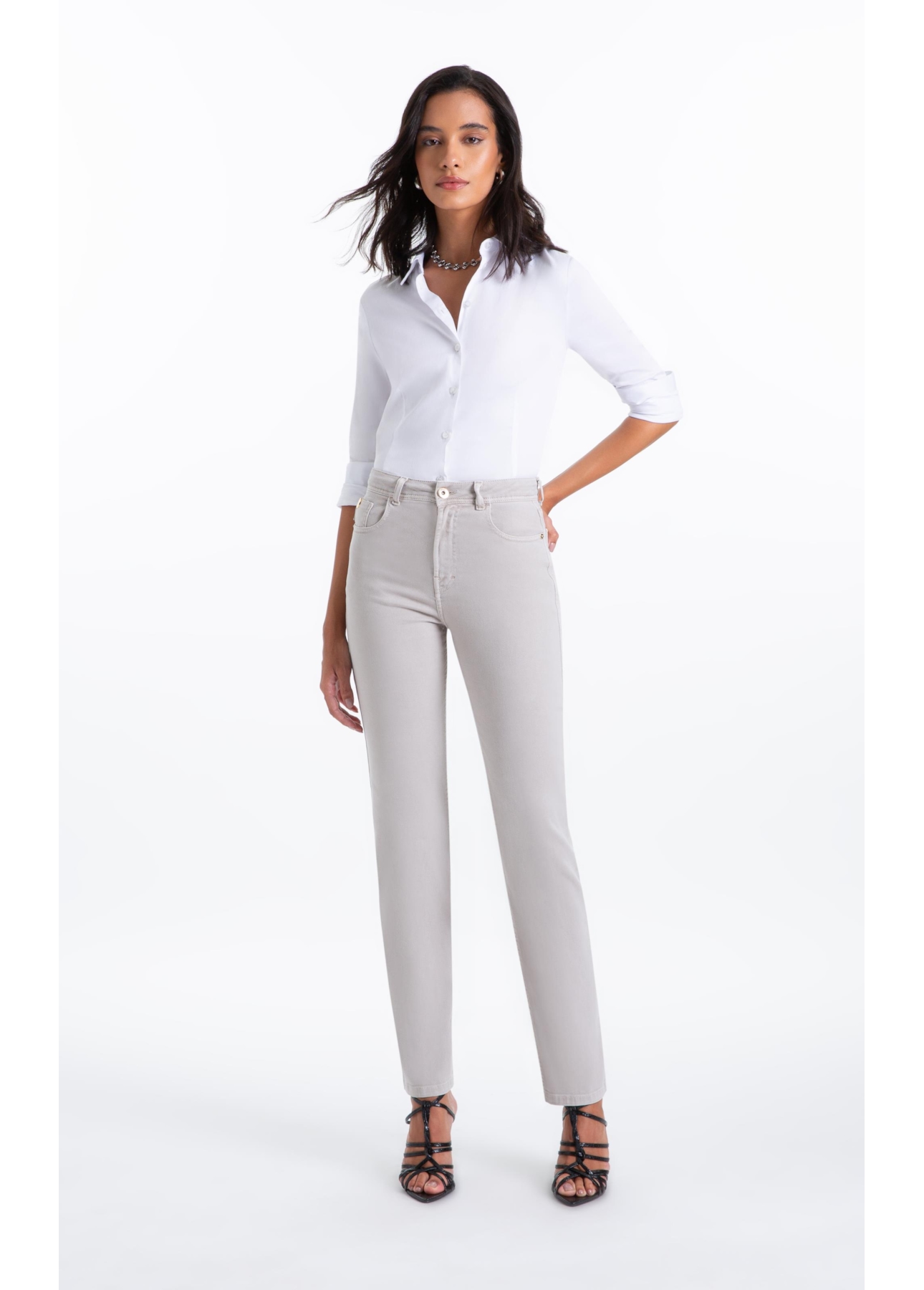 Calça Vintage Denim Color Gisele Reta 5 Pock Silver