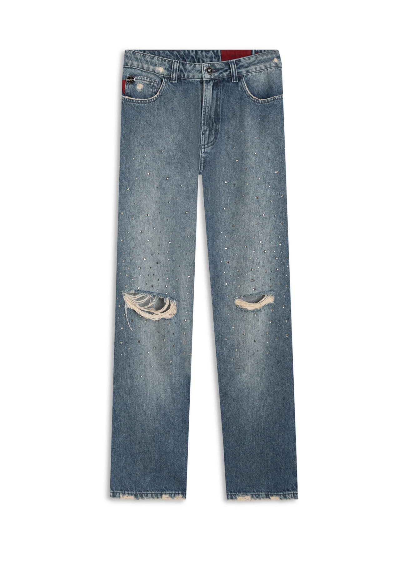 Calça Vintage Denim Pedras Médio C/ Puídos e Matriz