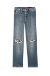 Calça Vintage Denim Pedras Médio C/ Puídos e Matriz