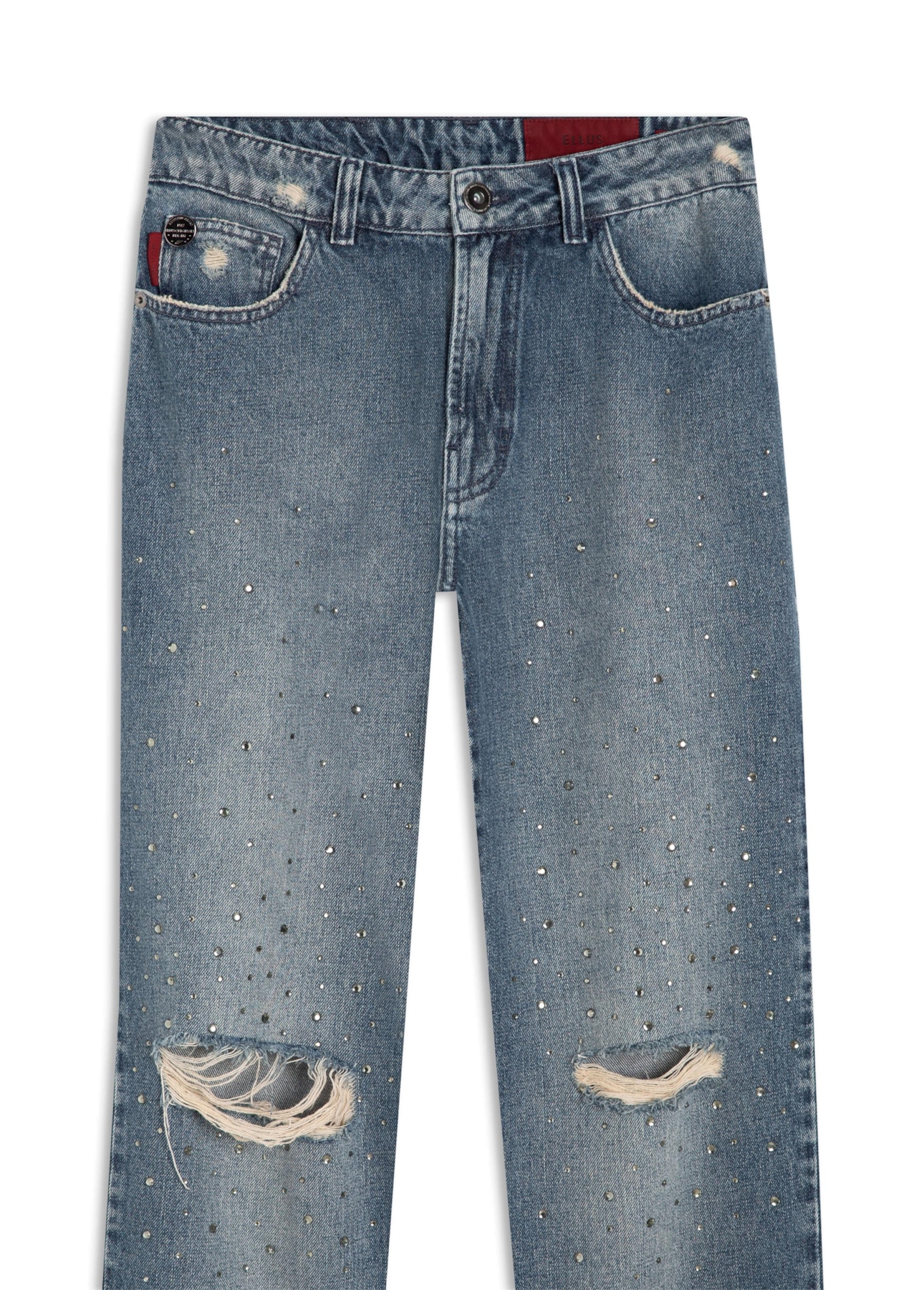 Calça Vintage Denim Pedras Médio C/ Puídos e Matriz