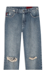 Calça Vintage Denim Pedras Médio C/ Puídos e Matriz