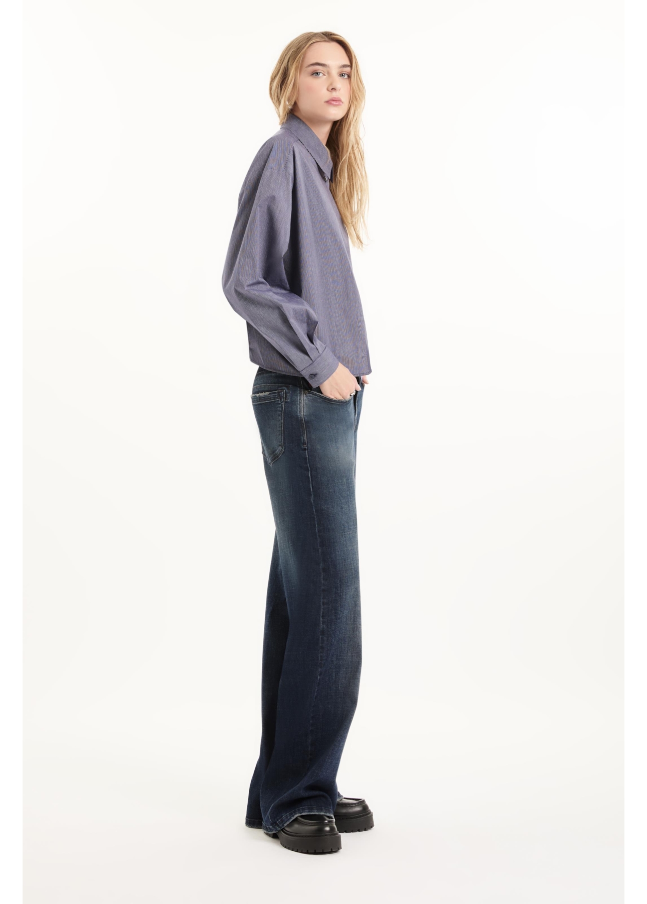 Calça Visco Indigo Elastic Wide Leg Lav. Escuro C/ Matiz