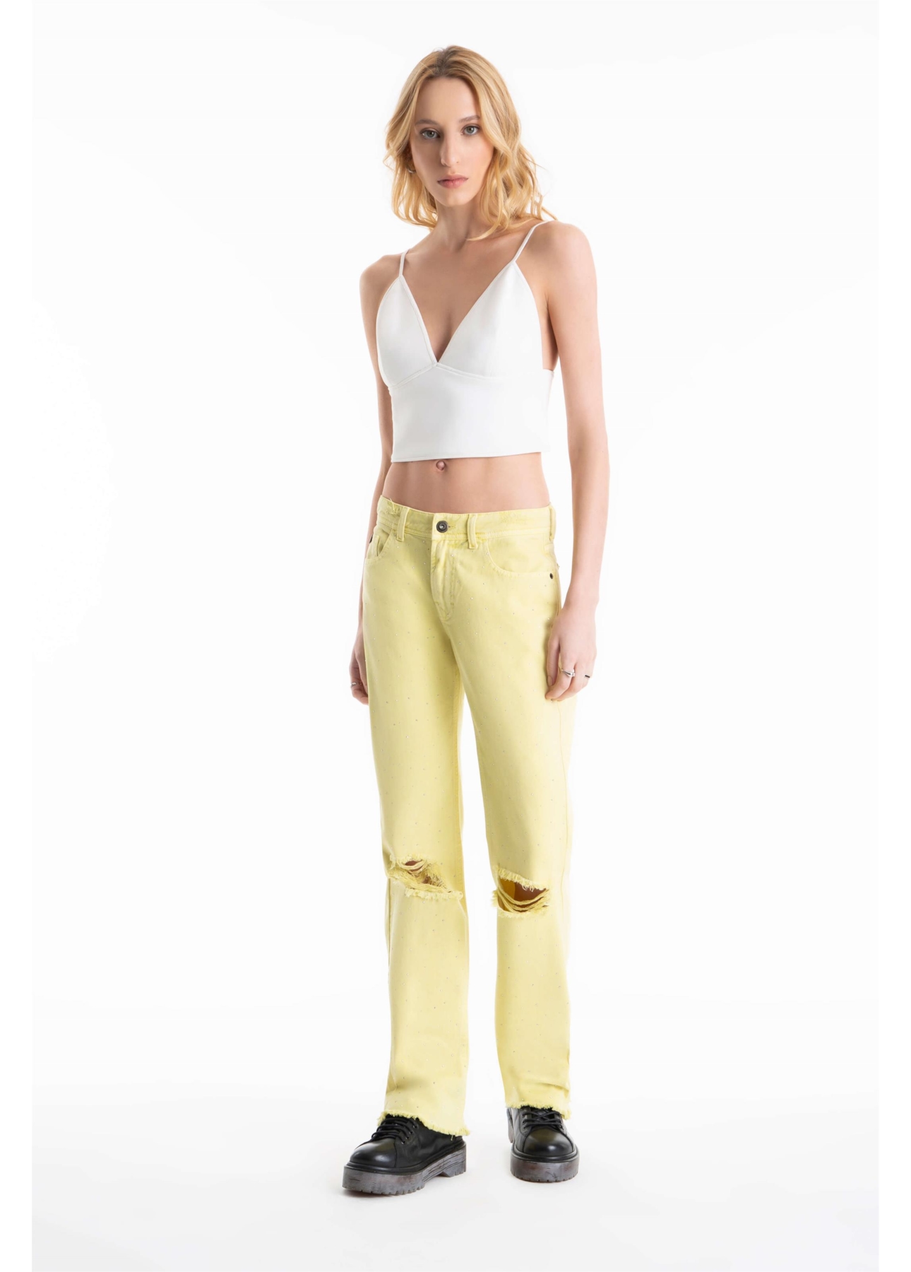 Calça White Denim Reta Pedras Citrus