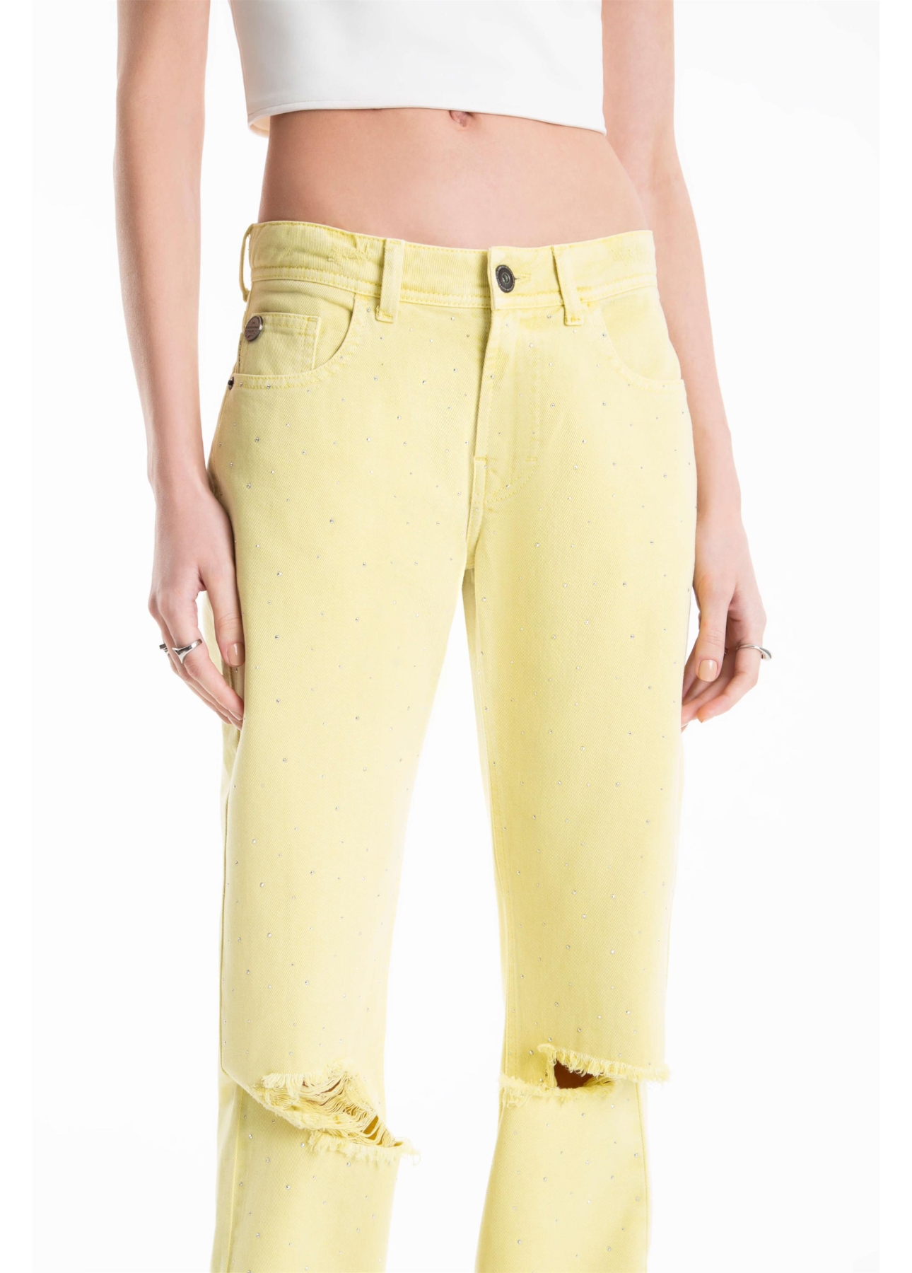 Calça White Denim Reta Pedras Citrus