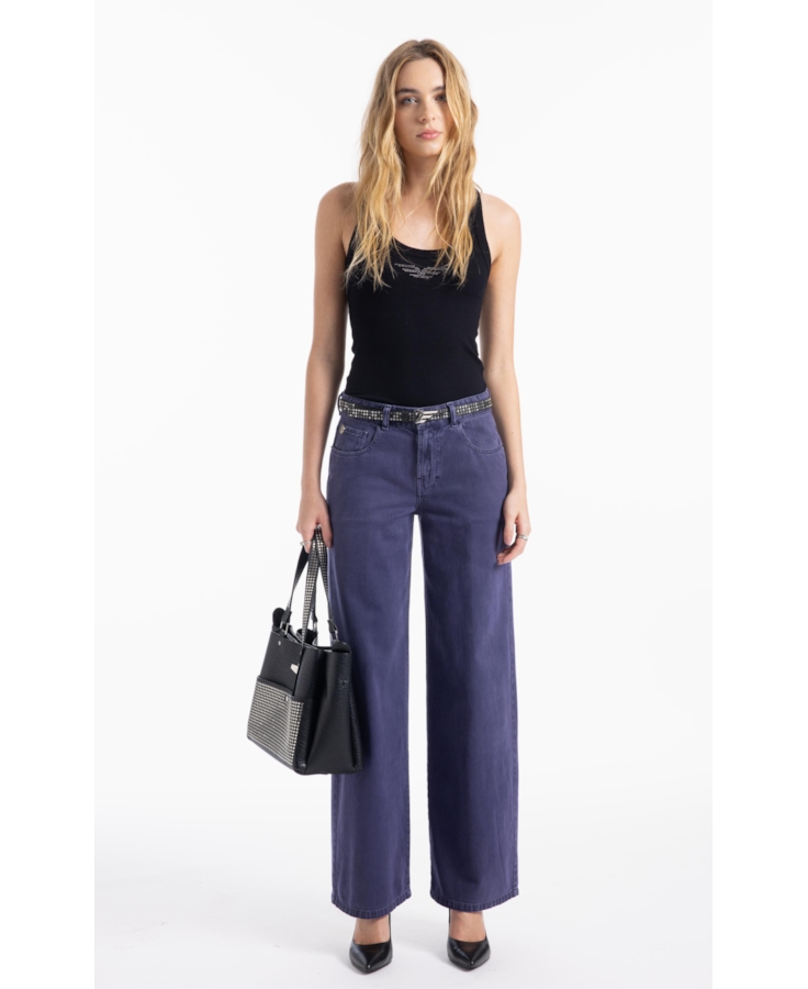 Calça White Denim Wide Leg Purple Blue