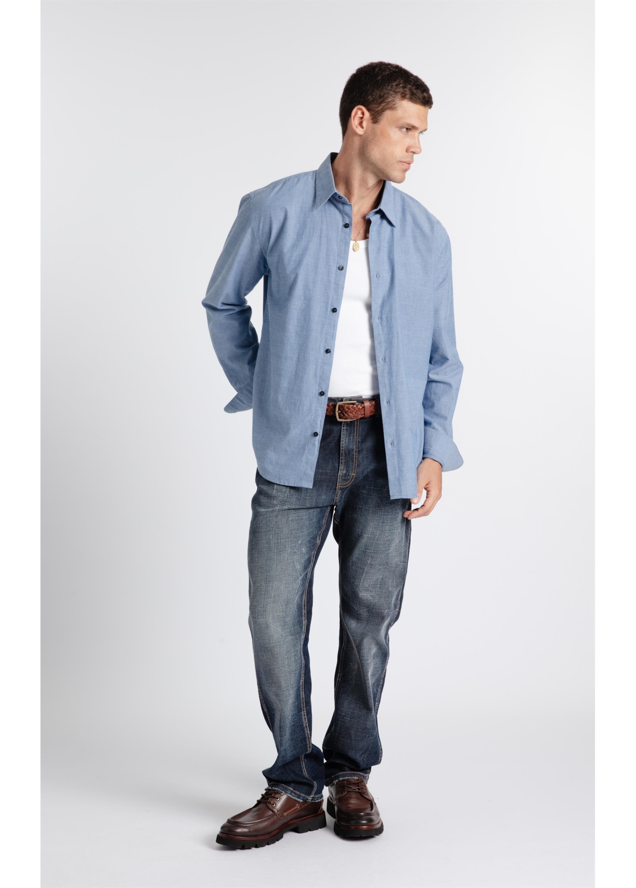 Camisa Cotton Chambray Classic Irish Ml Azul Jeans