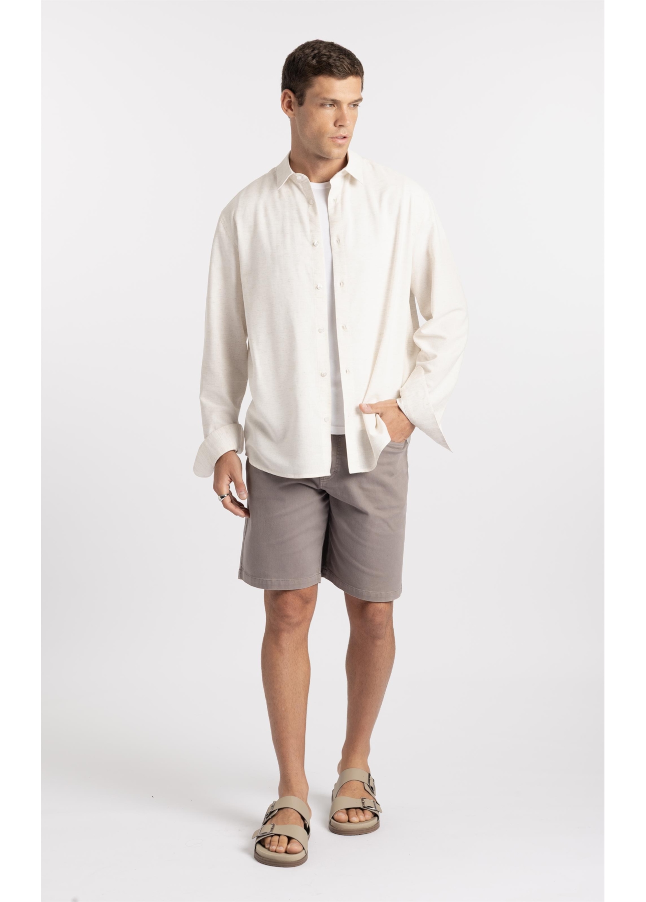Camisa Cross Dye Linen Blend Classic Button Down Natural