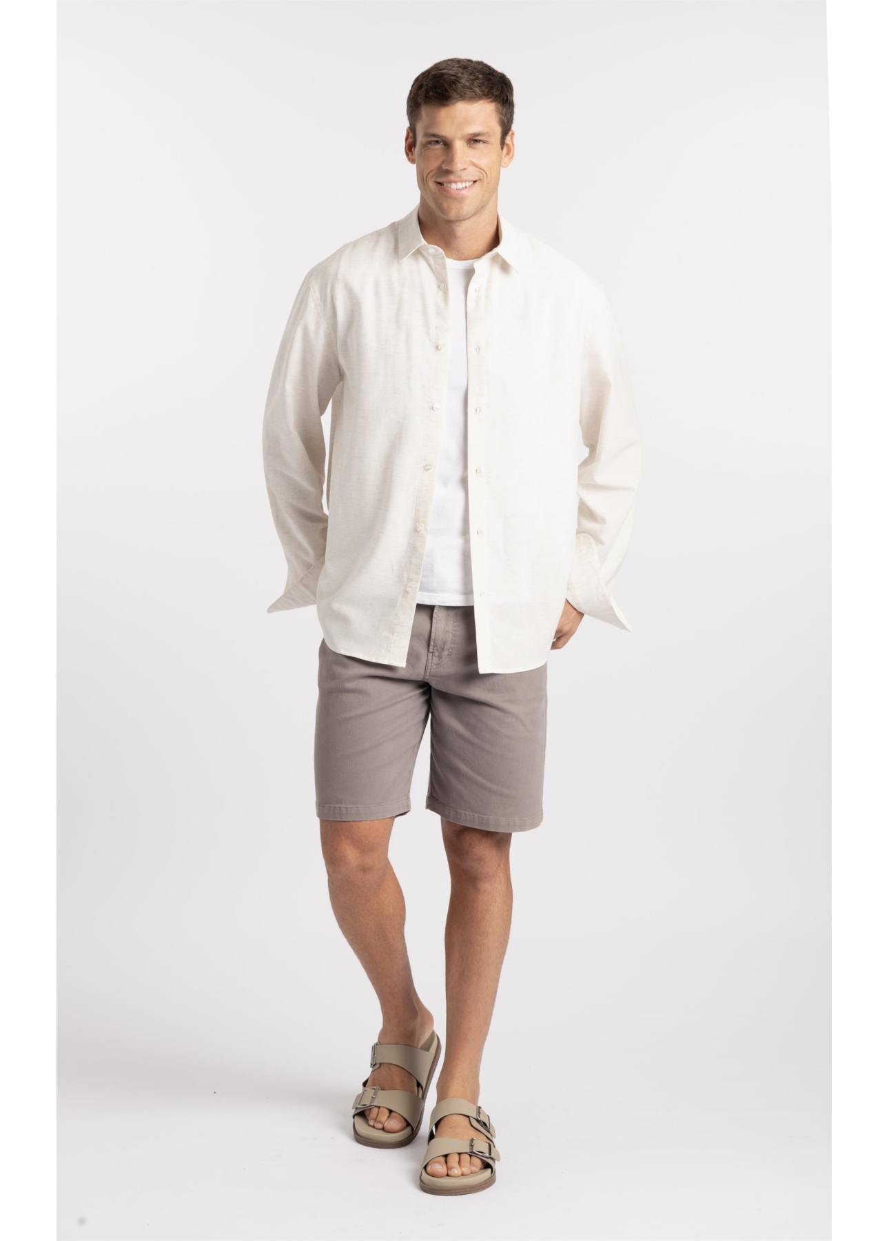 Camisa Cross Dye Linen Blend Classic Button Down Natural