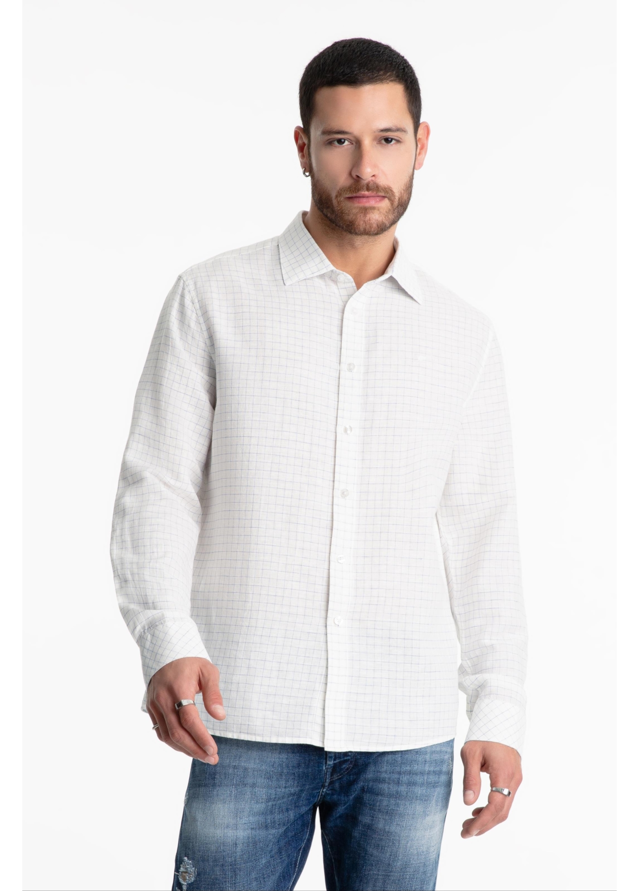 Camisa Linen Blend Mini Stripe Classic Azul Claro